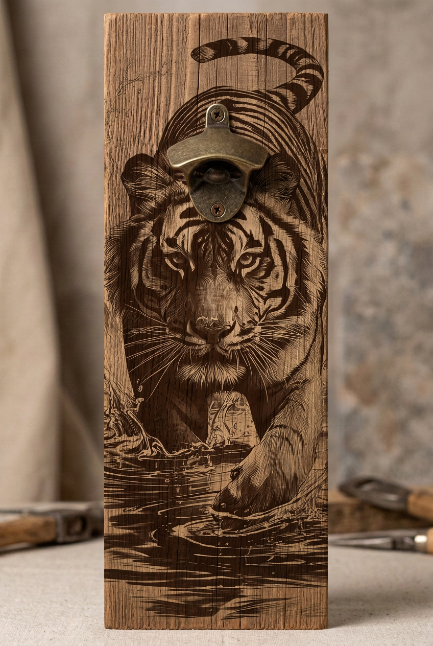 Rustic bottle opener suitable for indoors or outdoors Tiger