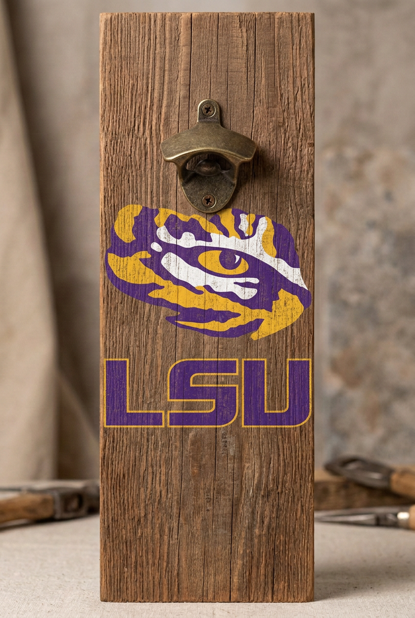 Rustic bottle opener suitable for indoors or outdoors LSU
