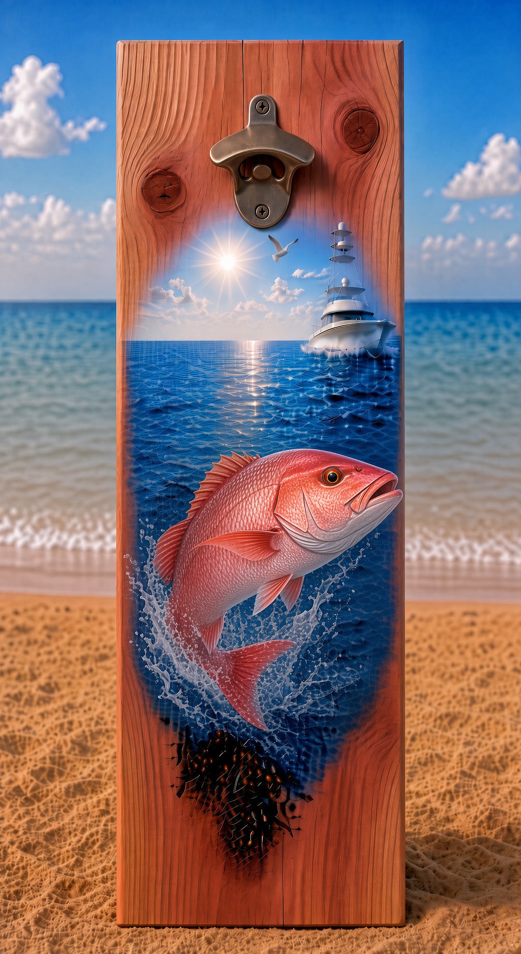 Fishing bottle opener suitable for indoors or outdoors Snapper