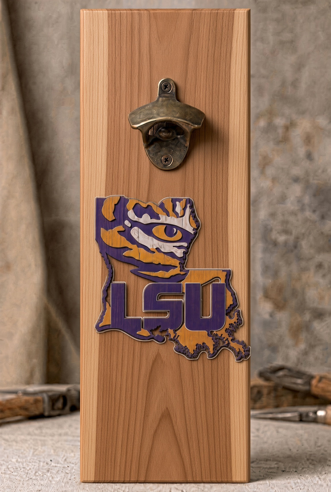 Rustic bottle opener suitable for indoors or outdoors LSU State