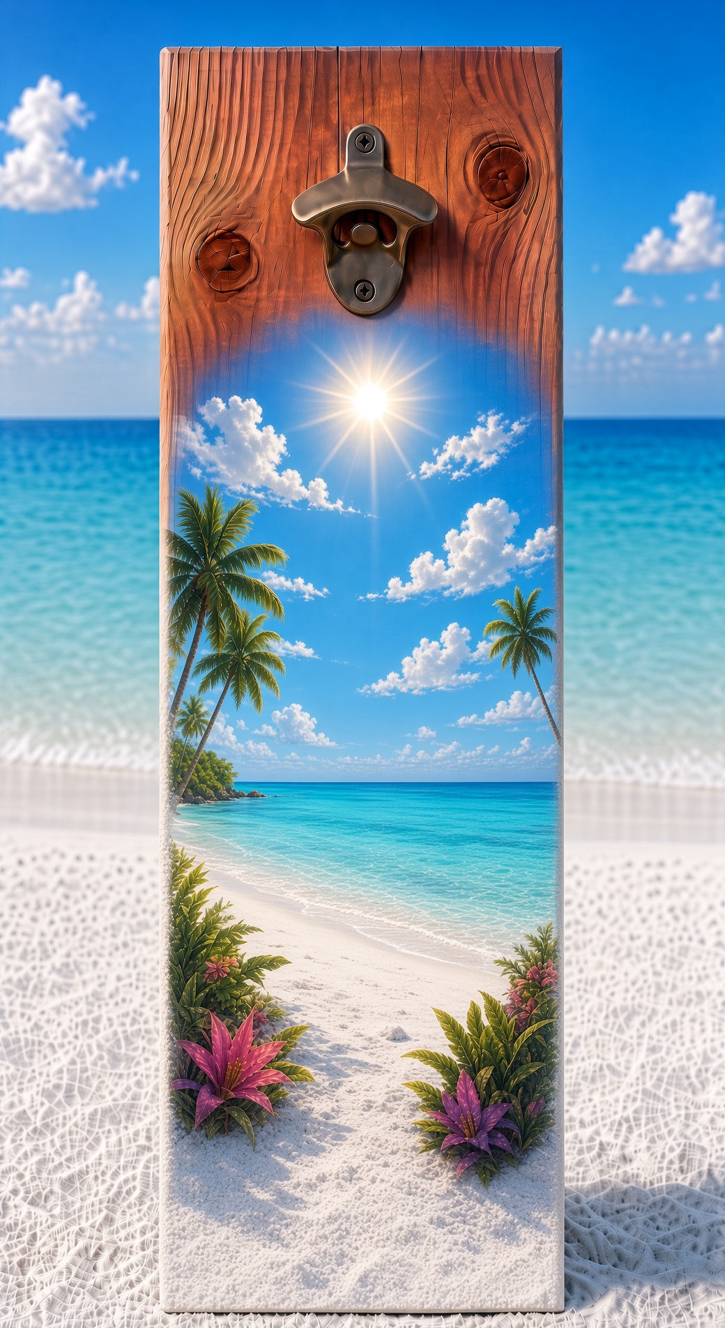 Beach bottle opener suitable for indoors or outdoors