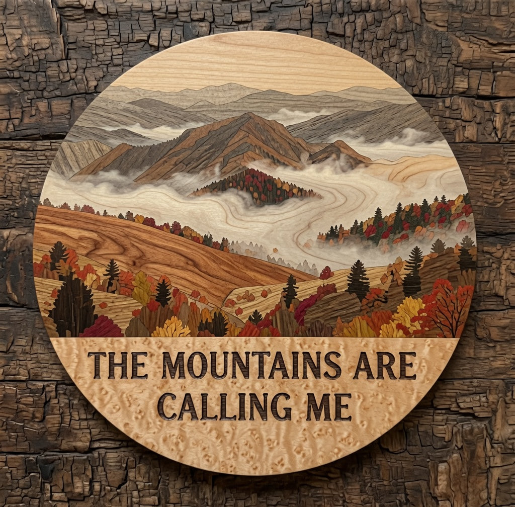 The mountains are calling Wooden sign (Smoky woodgrain)