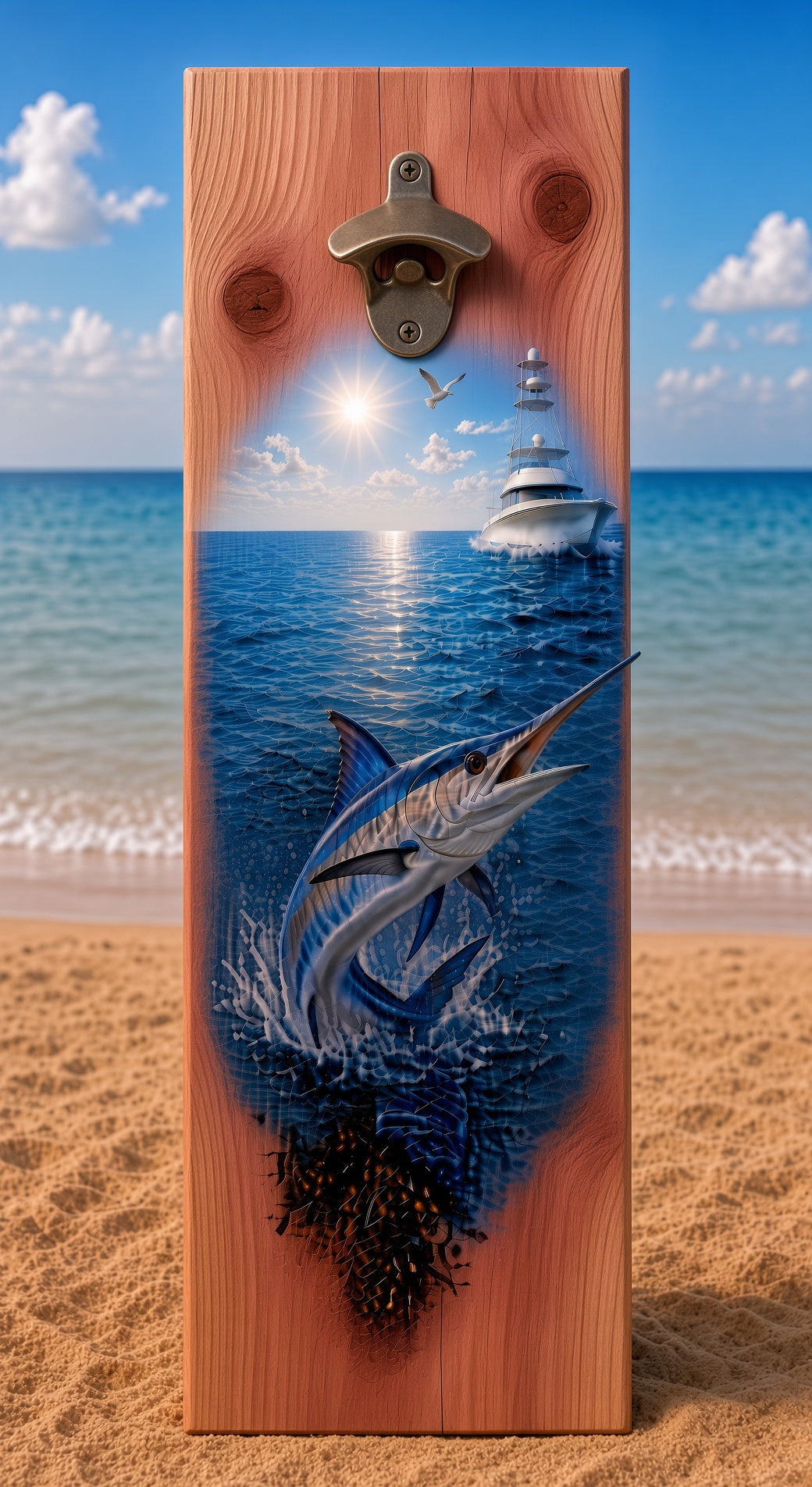 Fishing bottle opener suitable for indoors or outdoors Marlin