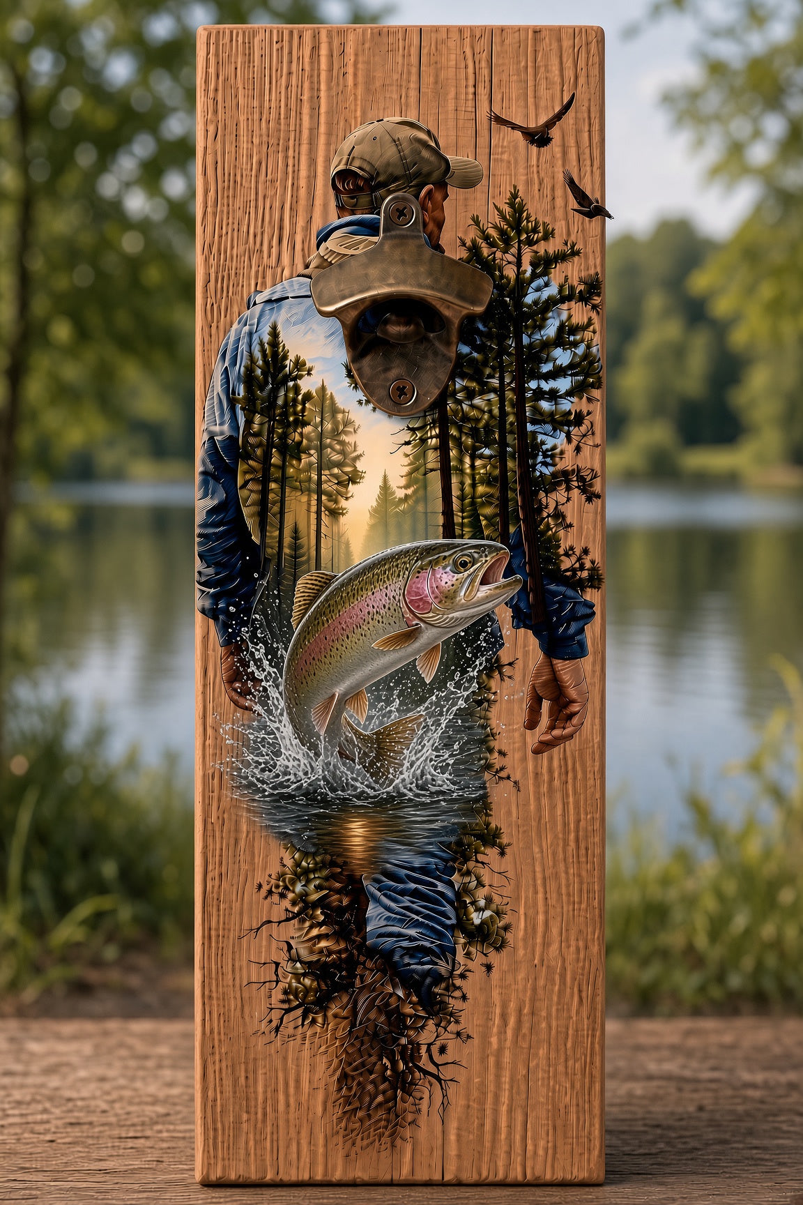 Fishing bottle opener suitable for indoors or outdoors Trout