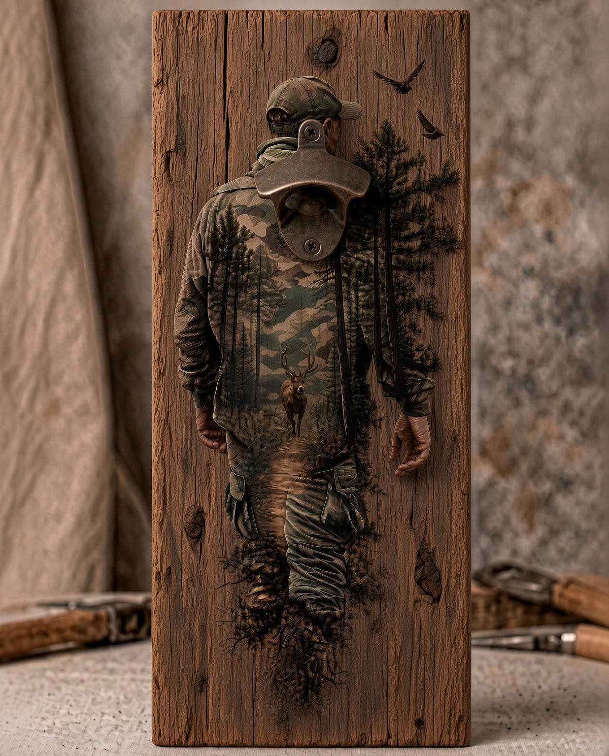 Deer Hunter Camo bottle opener suitable for indoors or outdoors