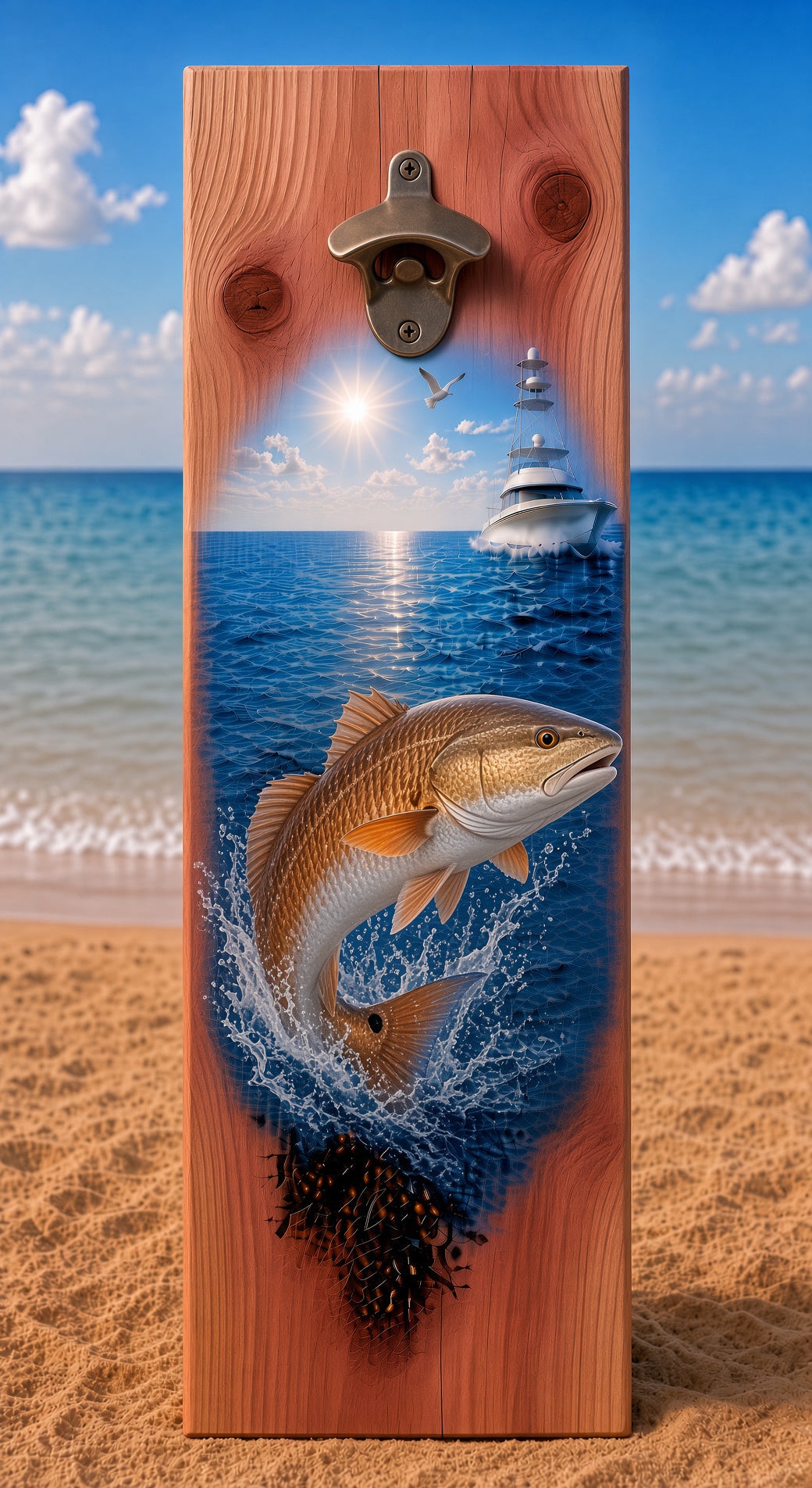 Fishing bottle opener suitable for indoors or outdoors Redfish