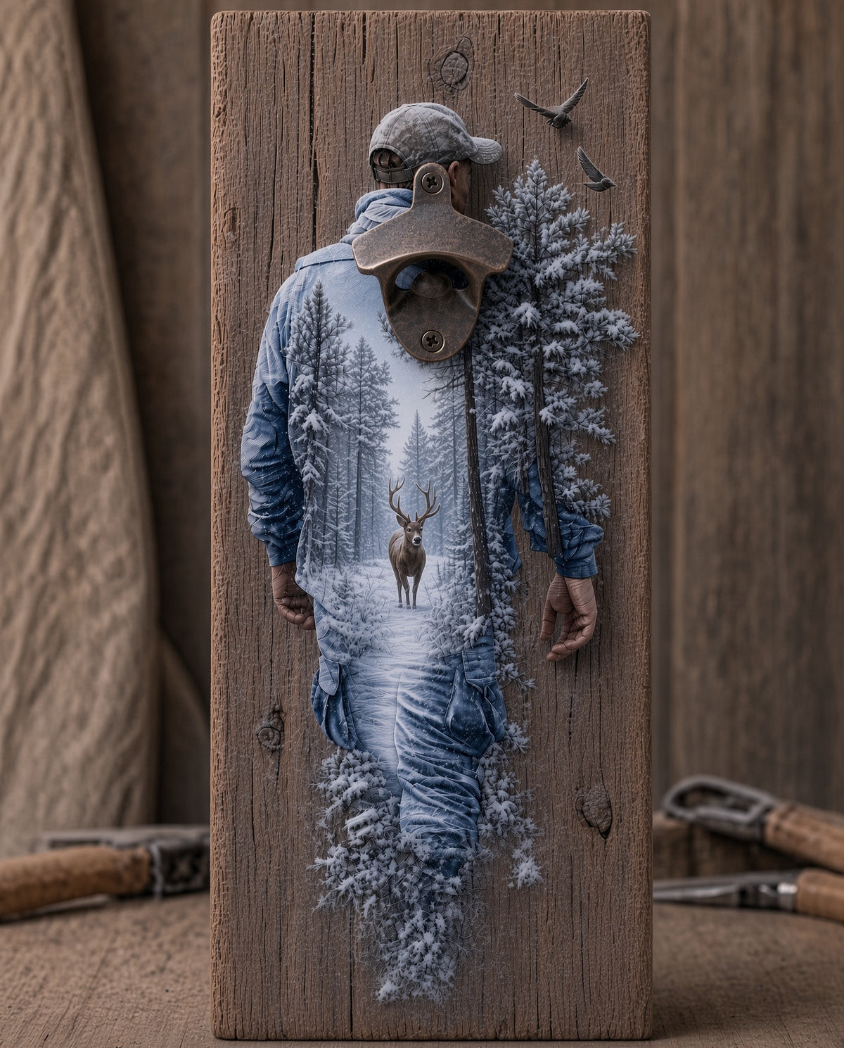 Deer Hunter snowy bottle opener suitable for indoors or outdoors