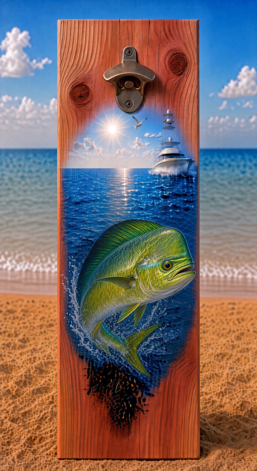 Fishing bottle opener suitable for indoors or outdoors Dorado