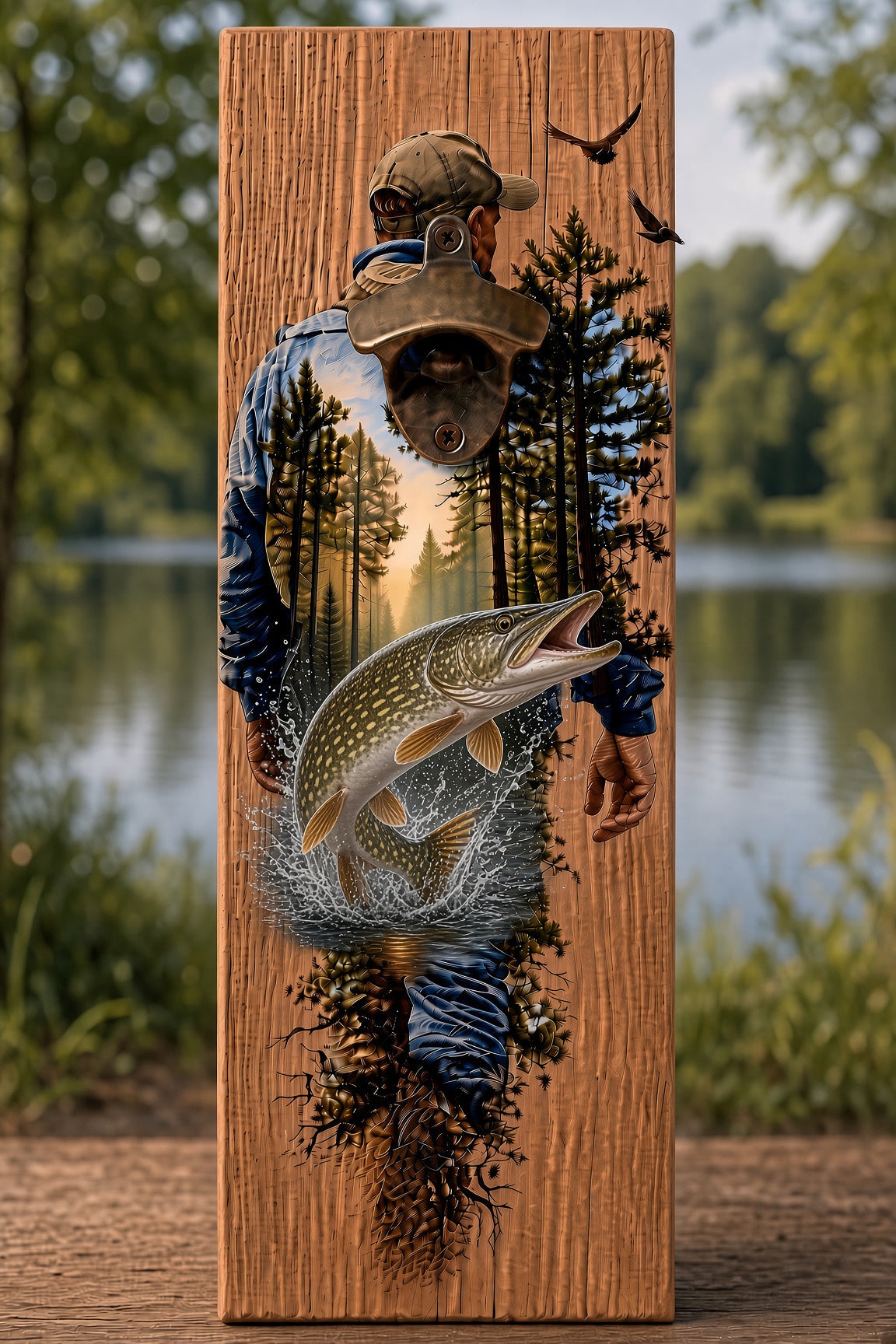 Fishing bottle opener suitable for indoors or outdoors Pike